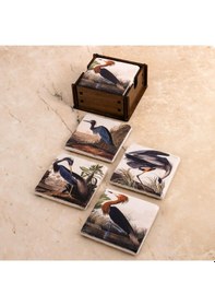 Resim Kuşlar Doğaltaş Traverten Ahşap Kutulu 4'lü Bardak Altlığı 