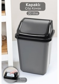 Resim Kapaklı Plastik Çöp Kovası - Ev Ofis Banyo Mutfak Çöp Kovası Gri 20 Litre Gri 
