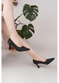 Resim Nesilshoes Nesil Shoes Elva 021 Siyah Saten Üzeri Taşlı Topuklu Kadın Stiletto 