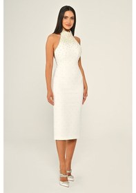 Resim Halter Yaka Boncuklu Krep Midi Abiye Elbise Alfa Beta B7028 Beyaz 