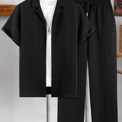 Resim Erkek 2 Parça Rahat Takım, Kısa Kollu Düğmeli Küba Yaka Gömlek Üstü ve Bağcıklı Bel Pantolon, Düz Renk, Polyester Karışımı, İlkbahar/Sonbahar Koleksiyonu 