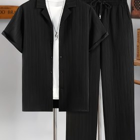 Resim Erkek 2 Parça Rahat Takım, Kısa Kollu Düğmeli Küba Yaka Gömlek Üstü ve Bağcıklı Bel Pantolon, Düz Renk, Polyester Karışımı, İlkbahar/Sonbahar Koleksiyonu 