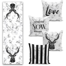 Resim Mermer Zemin Siyah Özel Tasarımlı 4 Kırlent 1 Runner Seti 