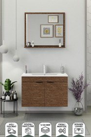 Resim BIANI Fix Arya 85 Cm Banyo Dolabı,Seramik Lavabolu,Aynalı,Lavabo Dahil,Mdf,Aybe Kahve 