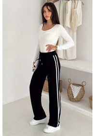 Resim Kadın Çizgili Bağcıklı Bol Paça Eşofman Altı & Pantolon Sportif & Günlük Konfor Siyah 