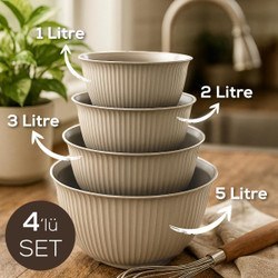 Resim 4'lü Mega Boy Plastik Karıştırma Ve Saklama Kase Seti | 1l, 2l, 3l, 5l Bej 