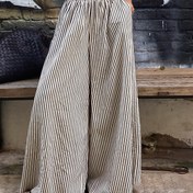 Resim Kadınlar için Çizgili Geniş Paça Pantolonlar Elastik Bel - Günlük Polyester, Makinede Yıkanabilir, Yüksek Kontrast Dikey Çizgiler, Her Mevsim Rahat Giyim 