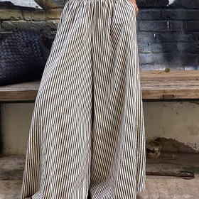 Resim Kadınlar için Çizgili Geniş Paça Pantolonlar Elastik Bel - Günlük Polyester, Makinede Yıkanabilir, Yüksek Kontrast Dikey Çizgiler, Her Mevsim Rahat Giyim 
