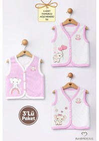 Resim Babyden's Kız Bebek 3 Lü Yelek Seti Kalp Jakar Desenli Fil Baskılı Çıtçıtlı Yelek Yenidoğan Mevsimlik Yelek Ekru - Pembe 