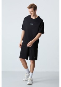 Resim Tommy Life Siyah Pamuklu Kalın Yumuşak Dokulu Oversize Fit Basic Erkek Şort Takım - 85259 