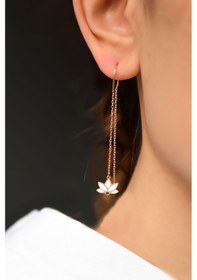 Resim Papatya Silver 925 Ayar Gümüş Rose Kaplama Parlayan Rüya Serisi Tasarım Beyaz Cam Boyalı Lotus Zincir Küpe 