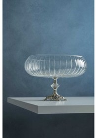 Resim Elta Collection Lotus Kristal 24 Cm Kesme Dekor Metal Ayaklı Salata Kasesi Cam Sunumluk- Servis Tabağı gümüş 