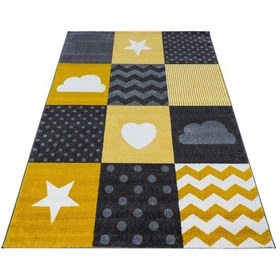 Resim Kalp - Yıldız - Bulut Desen Kolay Bakım Çocuk Halısı Sarı 