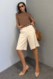 Resim Madmext Bej Pileli Kadın Bermuda Şort Mg2483 