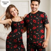 Resim Çiftler için Set: Kadınlar için Spagetti Askılı Elbise ve Erkekler için Kısa Kollu Şort - Siyah Renkli, Kırmızı Detaylı, Yumuşak Polyester Karışımı, Evde Rahatlamak İçin Mükemmel, Ev Rahatlığı Giyimi | Oyuncağa Benzeri Elbise | Polyester Karışımı Kumaş, Sevimli Pijama 