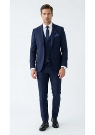 Resim Erkek 3 Parça Slim Fit Takım Elbise Klasik Likralı Kumaş, Tek Düğme, Çift Yırtmaçlı Modern Kesim Ceket Yelek Pantolon Lacivert 