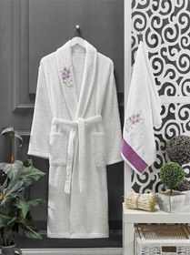 Resim 4 Parça Aile Bornoz Seti Kadın Erkek Havlulu Bornoz Takımı Beyaz Set 