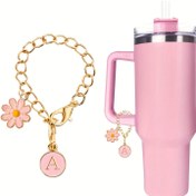Resim Çiçek Harf Cazibeleri & 30/40oz Termoslar için Saman Kapak Seti - İsim Kimlik Plakası, Baş Harfli Sap Cazibe Zinciri Aksesuarları, Kapak, Su Bardağı 