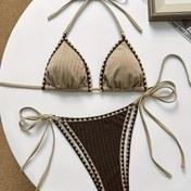 Resim Kadınlar için kontrast renkli, özel kumaşlı, çiçekli dişli iki parça plaj bikini takımı 