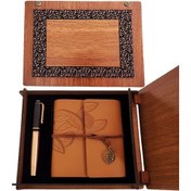 Resim Ahşap Kutulu Taba Renk Deri Defter Ve Kalem Set 1 Adet 