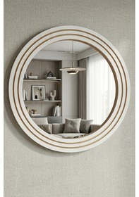 Resim Antik Ahşap Beyaz Dekoratif Ayna Banyo Lavabo Aynası Yuvarlak Ayna Duvar Aynası 43x56 