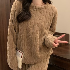 Resim Casual Solid Polar Jakarlı Salon Seti, Kalınlaştırılmış Uzun Kollu Bisiklet Yaka Üst ve Jogger'lar, Kadın Ev Giyimi ve Pijama 