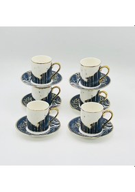 Resim Tekbir Vintage Lacivert Manzaralı Porselen Kahve Fincan Takımı 