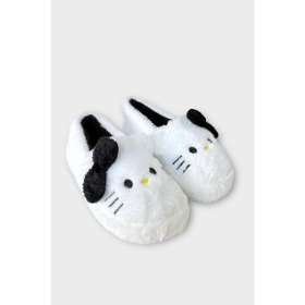 Resim Kışlık Kadın Hellokitty Figürlü Kaydırmaz Taban Ev Ayakkabısı Panduf Beyaz - Siyah 