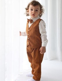 Resim Kahverengi Keten Yelek + Pantolon + Gömlek + Papyon - 1 Yaş 