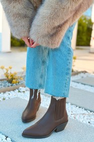 Resim POLKA STORE Nash Elastik Yan Bantlı Lastik Detaylı Western Kadın Kovboy Bot Bootie Çizme Acı Kahverengi Cilt 