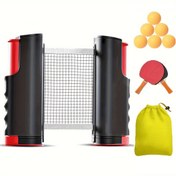 Resim Taşınabilir bir masa tenisi eğitim seti, çekilebilir bir ağı, iki raketi, altı ping pong topu ve bir bağcıklı depolama çantası içerir, iç ve dış mekan uygulamaları için uygundur. 