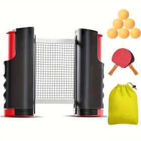 Resim Taşınabilir bir masa tenisi eğitim seti, çekilebilir bir ağı, iki raketi, altı ping pong topu ve bir bağcıklı depolama çantası içerir, iç ve dış mekan uygulamaları için uygundur. 