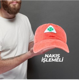 Resim Perlotus Vintage Yıkamalı Pamuk Şapka Dört Yapraklı Yonca Nakışlı Turuncu Turuncu 