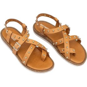 Resim Elit Oriana Kadın Hakiki Deri Düz Sandalet Taba Taba 