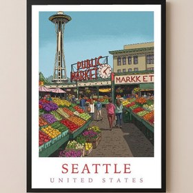 Resim Seattle USA - Pike Place Market Space Needle Wall Art Print - Wooden Frame - Black / 8,3 x 11,7" (21x30) 