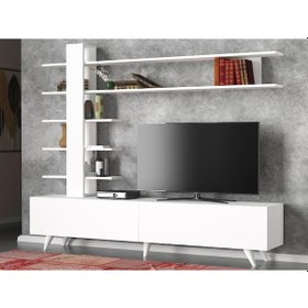 Resim Dekorister Aleyna Duvar Raflı Kitaplıklı Tv Ünitesi Beyaz 