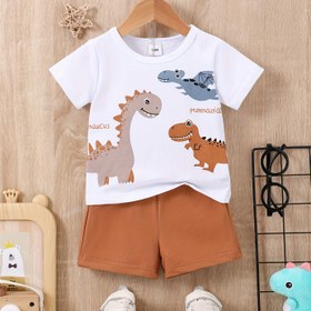 Resim 2 adet Bebek Dinozor Desenli Pamuk Tişört ve Düz Renk Rahat Şort, Yaz İçin Yürümeye Başlayan ve Bebek Erkekler İçin Giysi Seti, Dış Mekan Kıyafeti 