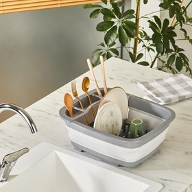 Resim Katlanabilir Bulaşıklık ve Badya, Gri, 32x32 cm, Akordiyon Tasarım, Kaşıklık Bölmeli, Tabaklık Kurutmalık, Çok Amaçlı Mutfak Organizeri 