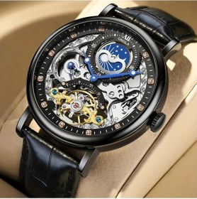 Resim Fastbuy Black Onola Lüks Çift Taraflı Delikli Turboliyon Otomatik Mekanik Kadran Işıltılı Su Geçirmez Deri Kayış Erkek Kol Sa Altın 