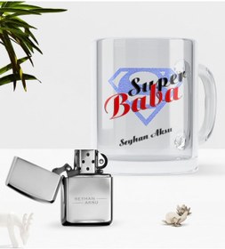 Resim Bk Gift Kişiye Özel Süper Baba Cam Kupa Bardak Benzinli Metal Çakmak Seti-5 