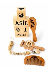 Resim Kişiye Özel İsimli-emzik Askısı Emzik Zinciri-bebek Çıngırak-bebek Saç Fırçası Keçi Kılı-bebek Tarağı-bebek Anı Küpü Tekstil Boyalı-%100 Doğal Organik Ahşap Set Hediyelik-yeni Doğan-anne 