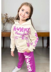 Resim Riccotarz Kız Çocuk Üzeri New York Yazı Detaylı Bilekleri Manşetli Sweatshirt Mor Eşofman Takım Mor 