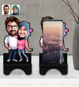 Resim Bk Gift Kişiye Özel Sevgililer Karikatürlü Ahşap Biblo Telefon Standı 