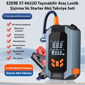 Resim EZERE ST-9632D 4in1 Güçlü 150 PSI Hava Kompresörü, Akü Takviye & Powerbank Dijital Lastik Şişirme Pompa 