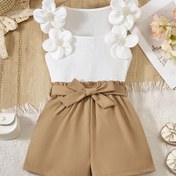 Resim Kızlar İçin Casual Lady Tarzı 3D Taşlı Kolsuz Crop Top + Şort Takımı, Bel Kemeri Dahil, Dış Mekan Kullanımına Uygun 