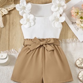 Resim Kızlar İçin Casual Lady Tarzı 3D Taşlı Kolsuz Crop Top + Şort Takımı, Bel Kemeri Dahil, Dış Mekan Kullanımına Uygun 