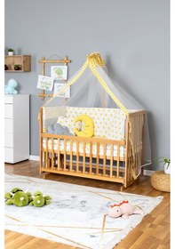 Resim Ahşap Beşik Anne Yanı Beşik Vernikli 60x120 - Sarı Yıldız 3 Yastıklı Uyku Seti + Yataklı Beyaz 
