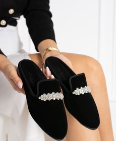 Resim FUGA MODA Lima Siyah Tek Şerit Taş Işlemeli Önü Kapalı Elegant Ev Terliği 