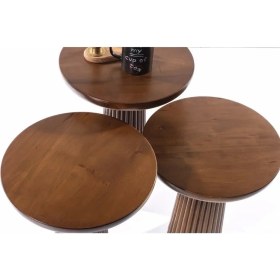 Resim Wood Wooden 3lü Set Fitilli Mantar Yan Sehpa Modern Koyu Ceviz Renk Fiskos 