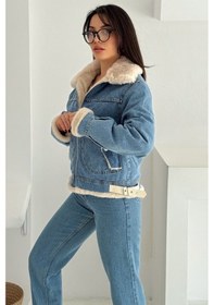 Resim Kadın Kürk Astarlı Denim Ceket Sıcak & Sokak Stili Mavi 
